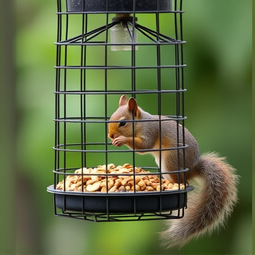 Caged feeder protecting seed from squirrel