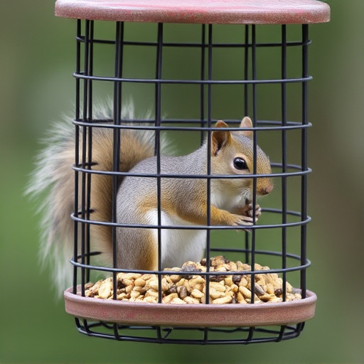 Caged feeder protecting seed from squirrel