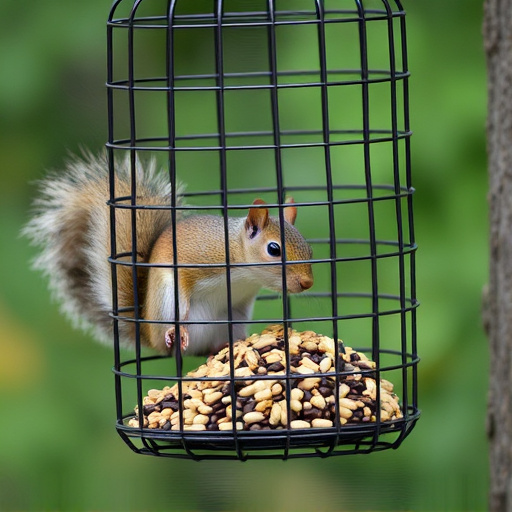 Caged feeder protecting seed from squirrel