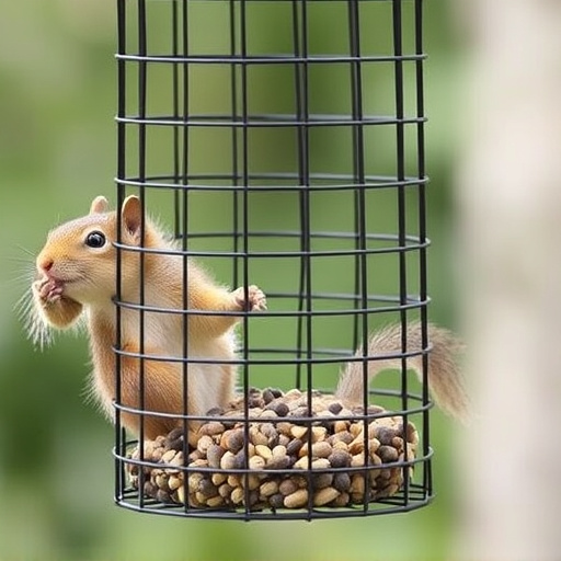 Caged feeder protecting seed from squirrel