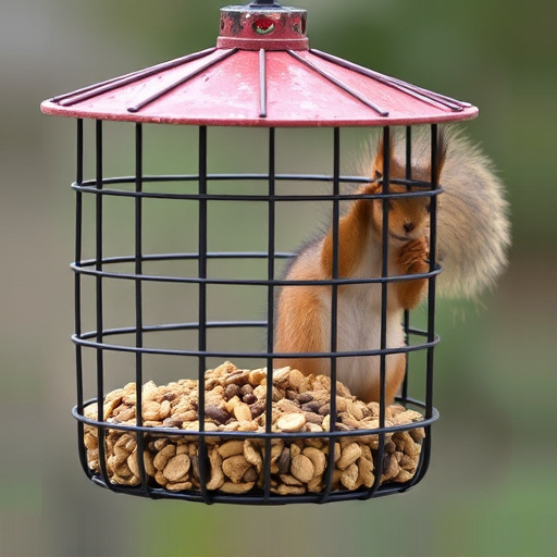 Caged feeder protecting seed from squirrel