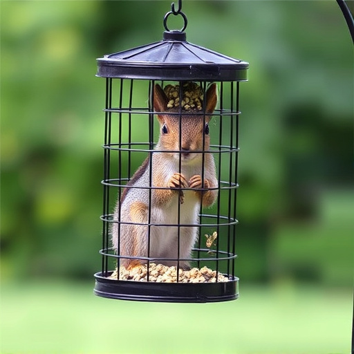 Caged feeder protecting seed from squirrel