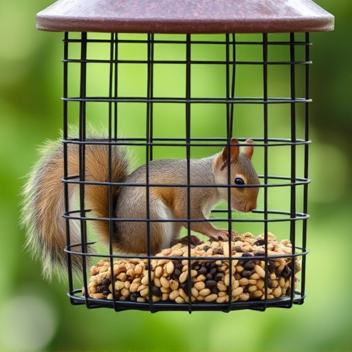 Caged feeder protecting seed from squirrel