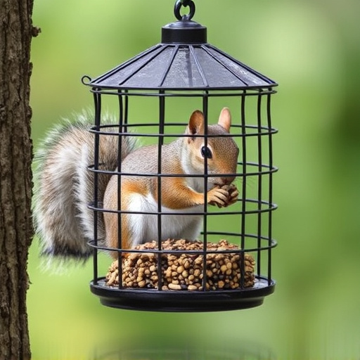 Caged feeder protecting seed from squirrel