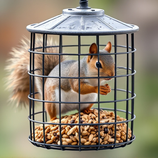 Caged feeder protecting seed from squirrel