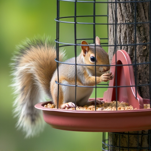 Caged feeder protecting seed from squirrel
