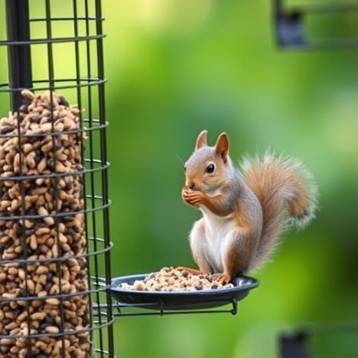 Caged feeder protecting seed from squirrel
