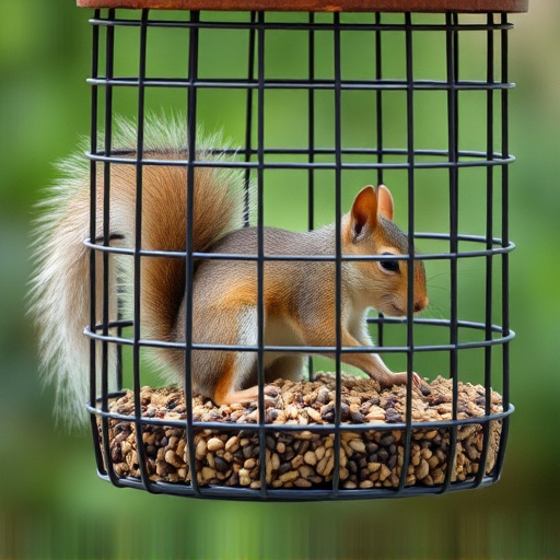 Caged feeder protecting seed from squirrel
