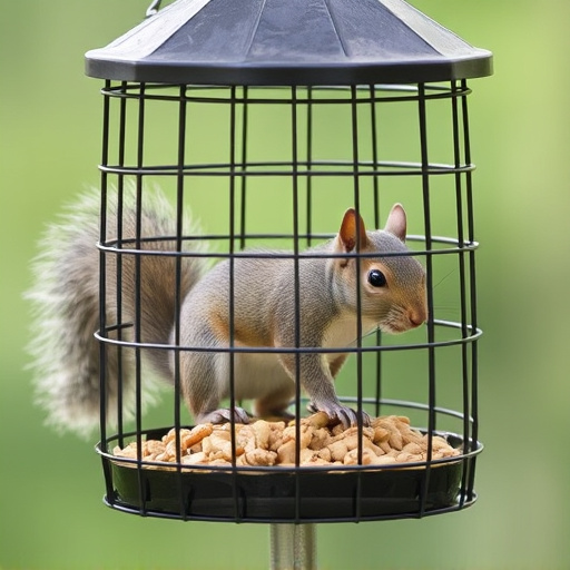 Caged feeder protecting seed from squirrel