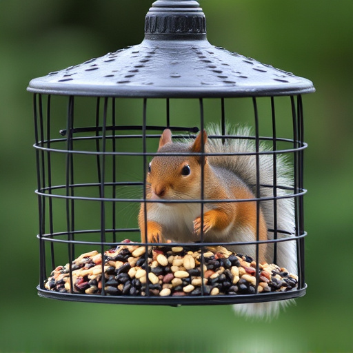 Caged feeder protecting seed from squirrel