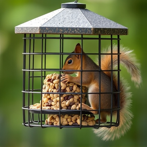 Caged feeder protecting seed from squirrel