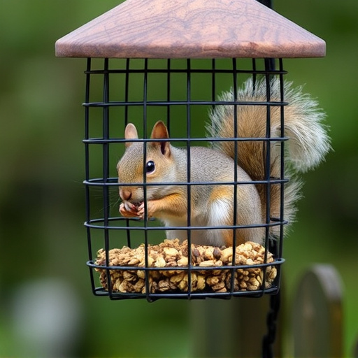 Caged feeder protecting seed from squirrel