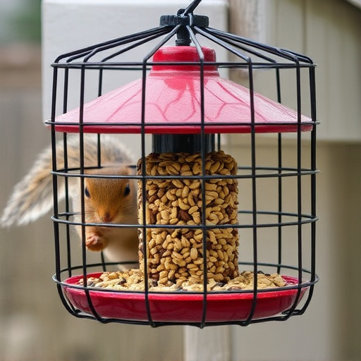 Caged feeder protecting seed from squirrel