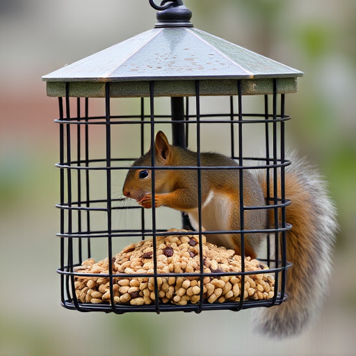 Caged feeder protecting seed from squirrel