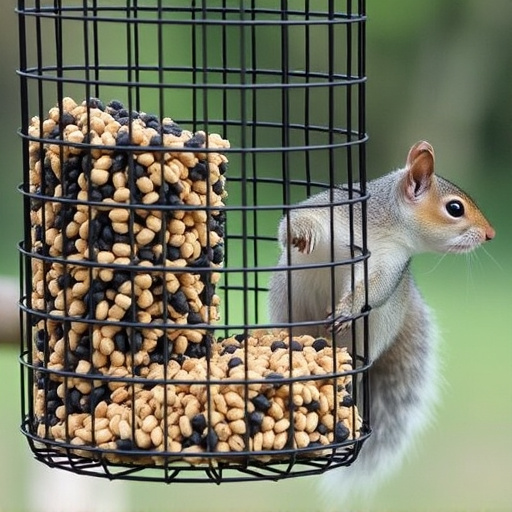Caged feeder protecting seed from squirrel