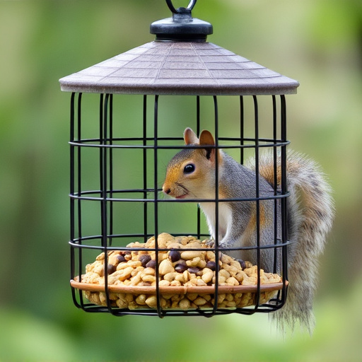 Caged feeder protecting seed from squirrel