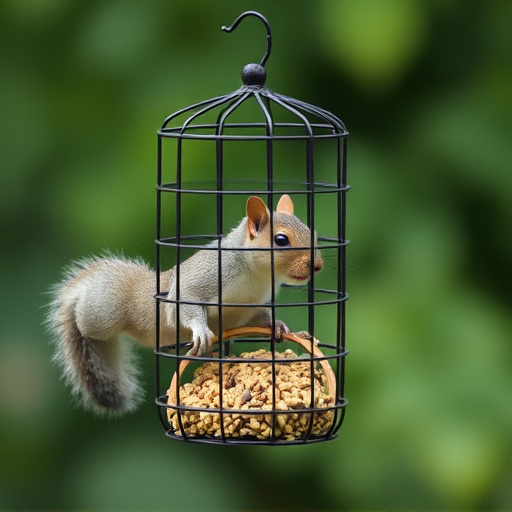 Caged feeder protecting seed from squirrel