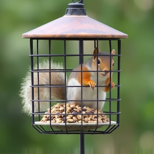 Caged feeder protecting seed from squirrel