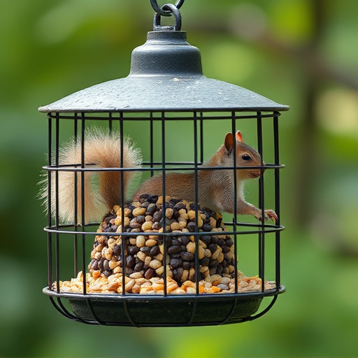 Caged feeder protecting seed from squirrel