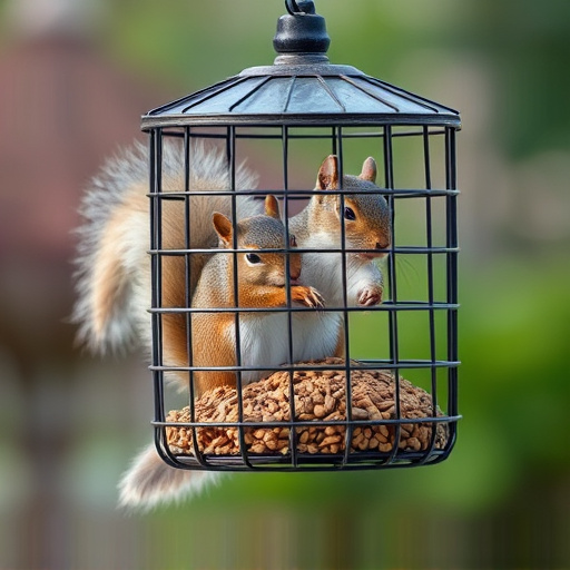 Caged feeder protecting seed from squirrel