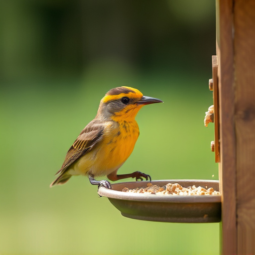 Careful feeding of baby bird outdoors