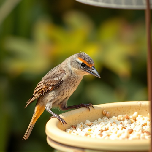 Careful feeding of baby bird outdoors