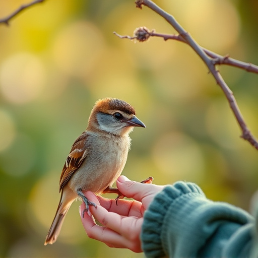 Careful feeding of baby bird outdoors