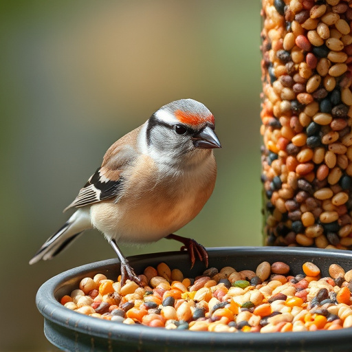 Chaffinch pecking at seed tray