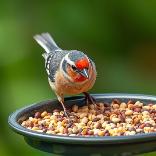 Chaffinch pecking at seed tray