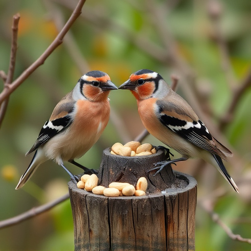 Chaffinches eating peanuts in garden