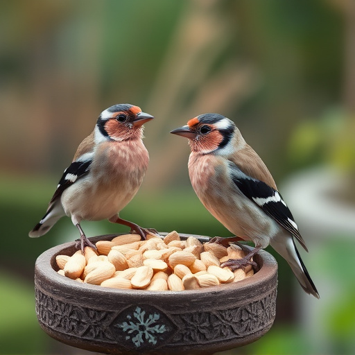 Chaffinches eating peanuts in garden