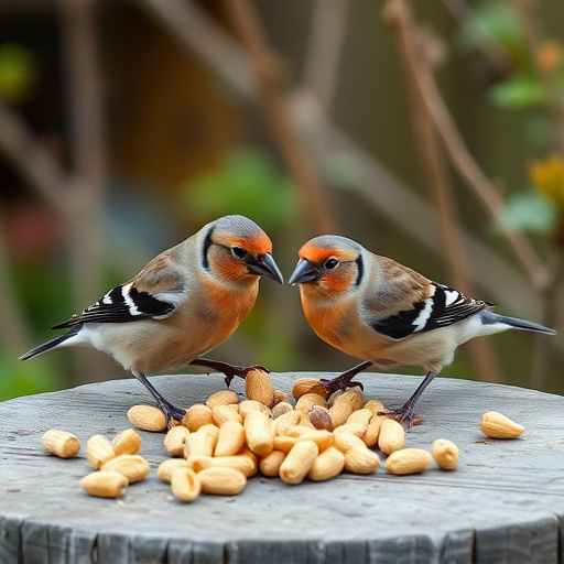 Chaffinches eating peanuts in garden