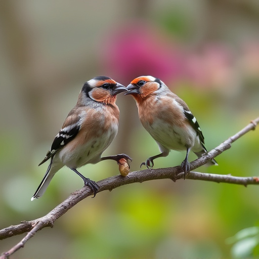 Chaffinches eating peanuts in garden