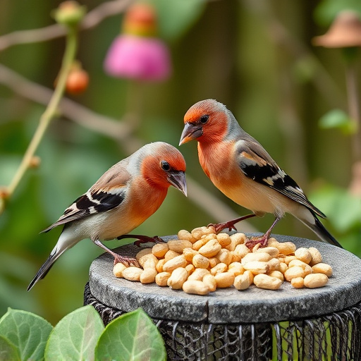 Chaffinches eating peanuts in garden