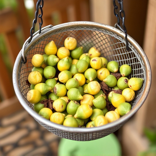 Clean sunflower hearts in metal mesh feeder