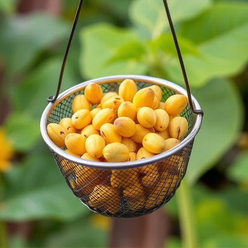 Clean sunflower hearts in metal mesh feeder