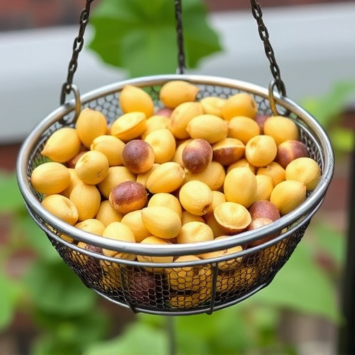 Clean sunflower hearts in metal mesh feeder