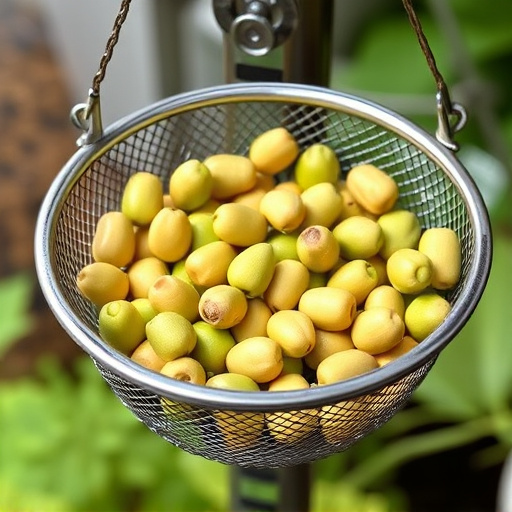 Clean sunflower hearts in metal mesh feeder