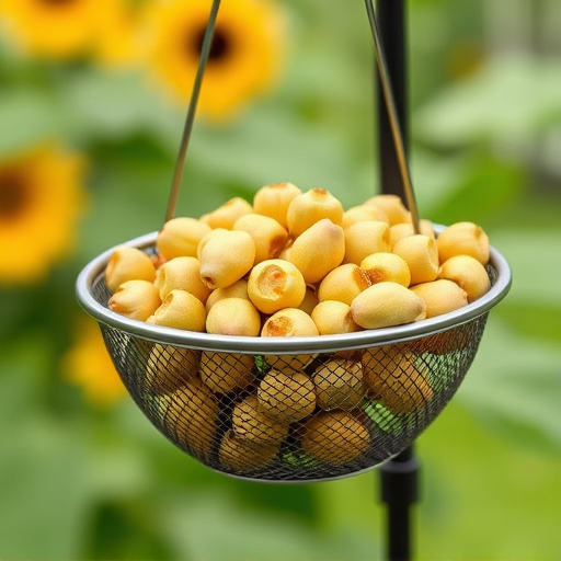 Clean sunflower hearts in metal mesh feeder