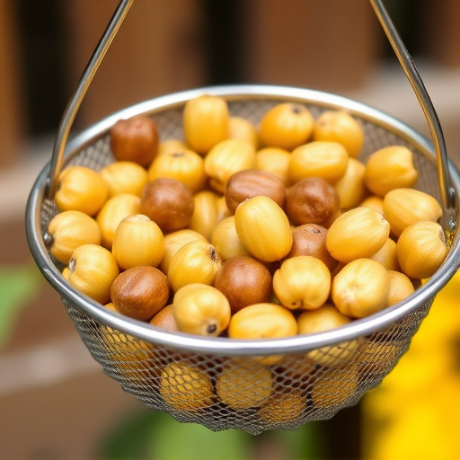 Clean sunflower hearts in metal mesh feeder