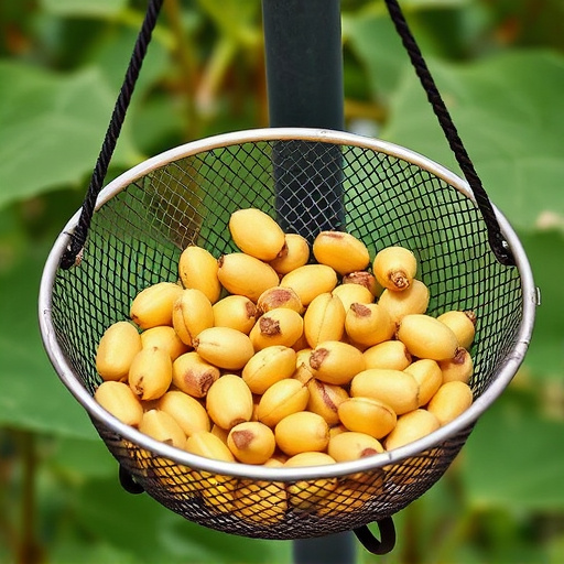 Clean sunflower hearts in metal mesh feeder