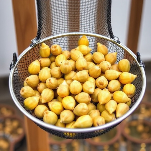 Clean sunflower hearts in metal mesh feeder