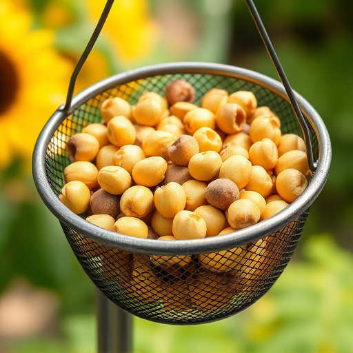 Clean sunflower hearts in metal mesh feeder