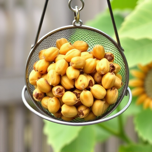 Clean sunflower hearts in metal mesh feeder