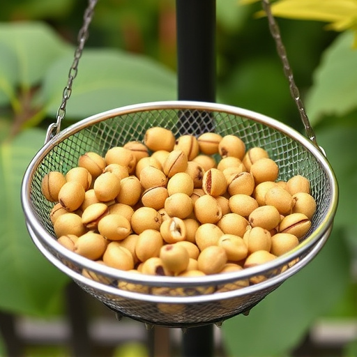 Clean sunflower hearts in metal mesh feeder