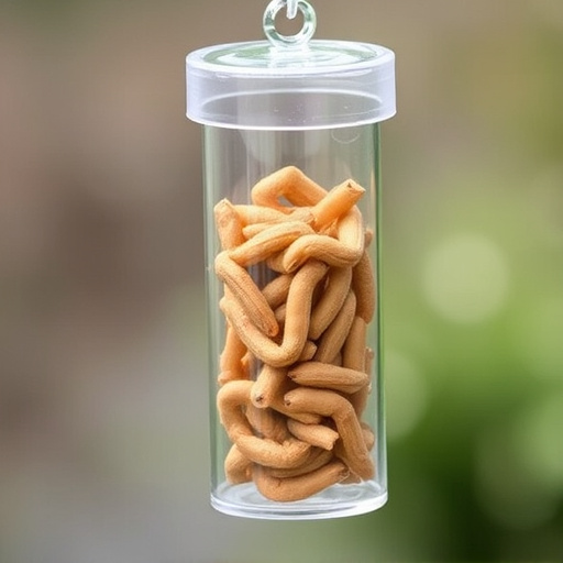 Clear tube feeder filled with dried mealworms