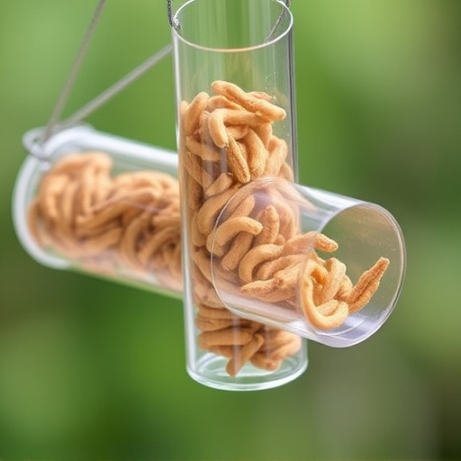 Clear tube feeder filled with dried mealworms