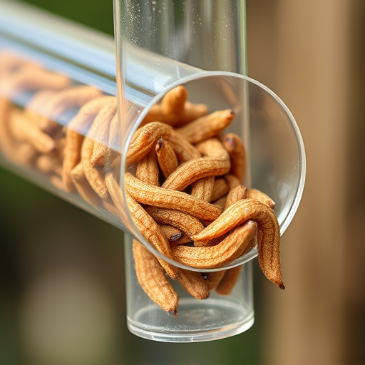 Clear tube feeder filled with dried mealworms