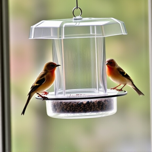 Clear window-mounted bird feeder with birds