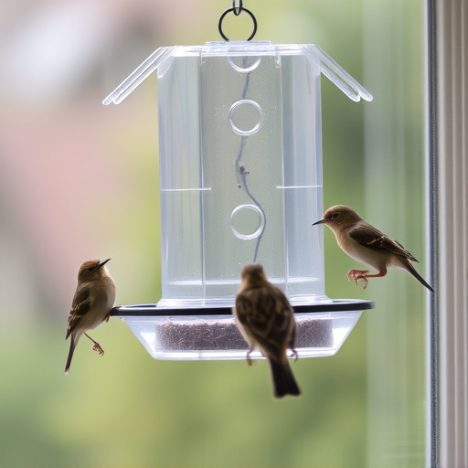Clear window-mounted bird feeder with birds